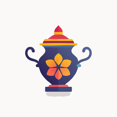 Decorative Blue and Orange Floral Patterned Urn with Lid