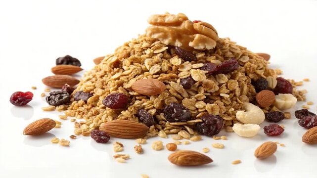 natural granola cereal with raisins close up isolated on white background video
