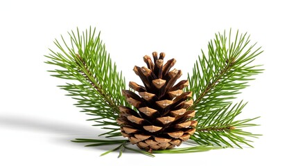 Fototapeta premium Pine cone and green pine needles isolated on white background for winter holidays