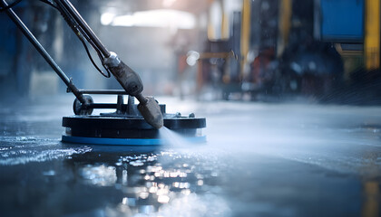 Fototapeta premium Medium shot of a pressure washer cleaning a factory floor with powerful water jets the equipment sharply focused against a blurred industrial background.