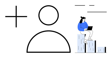 User figure outline with a plus sign symbolizing addition, woman using laptop seated on bar chart. Ideal for productivity, user creation, analytics, technology, growth, data-driven decision