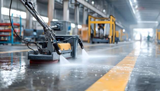 Medium shot of a pressure washer cleaning a factory floor with powerful water jets the equipment sharply focused against a blurred industrial background.