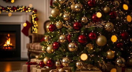 Cozy Christmas tree with glowing ornaments and fireplace