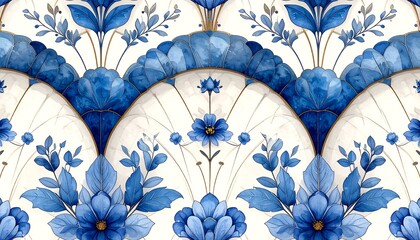 Repeating pattern of stylized blue flowers and leaves on cream backdrop