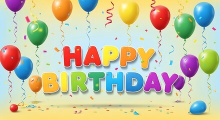 Happy birthday text with colorful balloons and confetti on yellow background