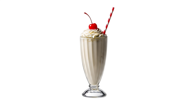 Classic vanilla milkshake with whipped cream, cherry, and striped straw on a transparent background, a refreshing dessert drink perfect for menus and advertising - Powered by Adobe