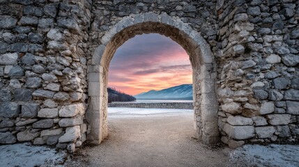 Fototapeta premium Ancient stone gate overlooking misty mountains at sunrise