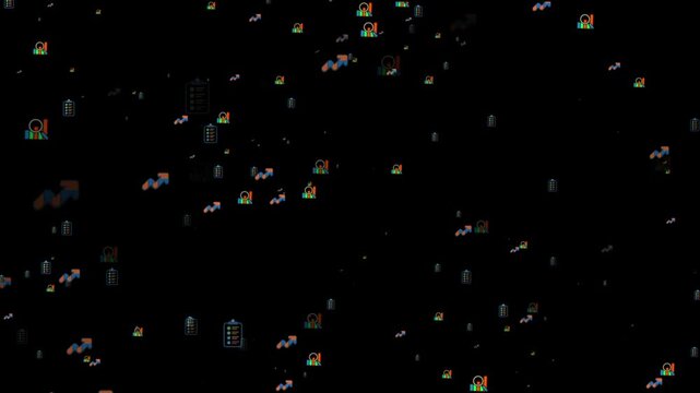 Collection of business analytics icons on dark background. Premium business icon with particles 4k animation.