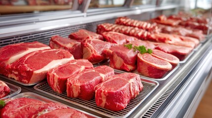 Different cuts of fresh raw beef on metal trays in butcher market display