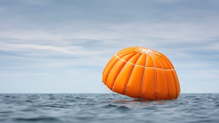 Bright orange parachute floating on calm ocean water under cloudy sky