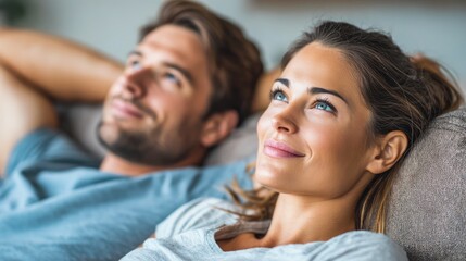 Couple Relaxing and Smiling on Sofa