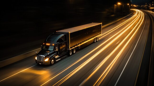 Black Semi Truck on Highway at Night