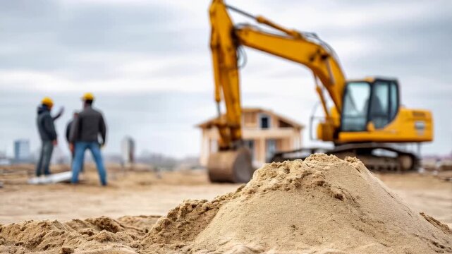 A construction site scene featuring workers, a large yellow excavator, a house frame, and a pile of sand.