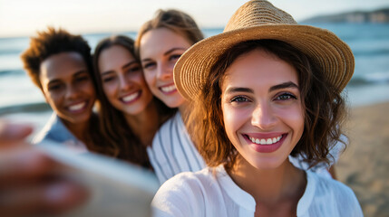 Portrait of youth young people taking selfie near the beach during vacation, enjoying summer and vacations and having fun together, under soft natural light highlighting joy and re