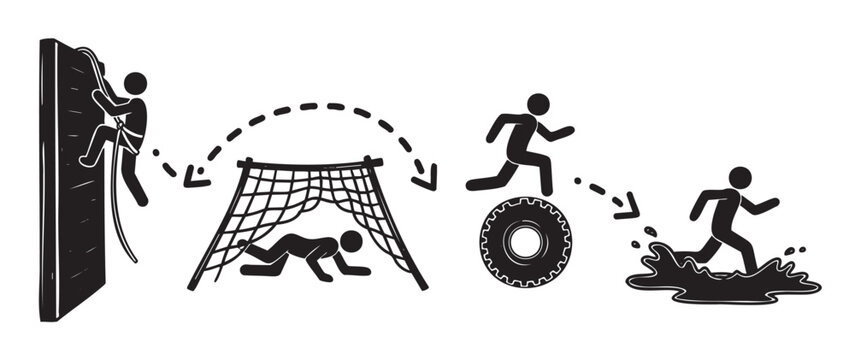 Illustration of a stick figure navigating an obstacle course, including climbing a wall, crawling under a net, jumping over a tire, and running through water.