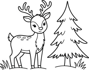 Adorable cartoon deer with antlers standing beside a simple christmas tree outline