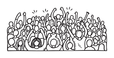 Black outline illustration of a large, diverse crowd of people raising their arms in a celebratory gesture.