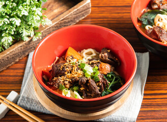 braised beef dry noodle A delicious culinary experience. Perfect for food blogs or Asian cuisine promotions, capturing authentic food photography.