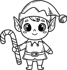 Adorable cartoon elf holding a striped candy cane ready for christmas festivities