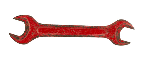 A mechanic's metal key on a white background