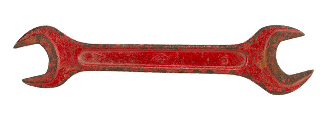 A mechanic's metal key on a white background