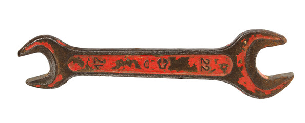 A mechanic's metal key on a white background