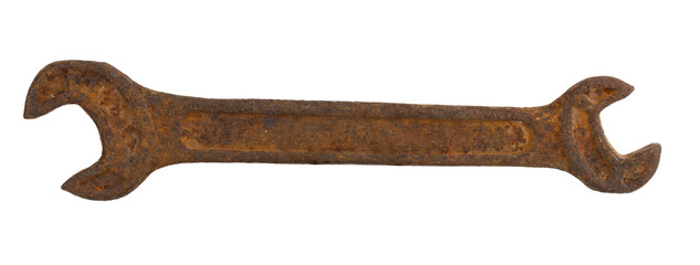 A mechanic's metal key on a white background