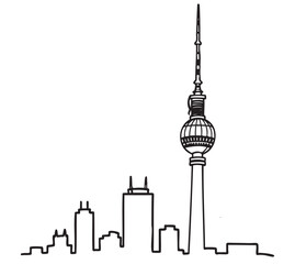 Black outline of berlin's skyline featuring the iconic tv tower in a linear, minimal style.