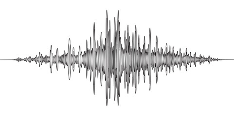 Black and white sound wave pattern depicting varying frequencies in a detailed waveform, representing audio or music analysis.