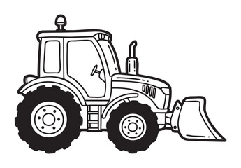 Obraz premium Black outline vector icon of a simple tractor with large wheels and a front loader for agricultural and construction purposes.
