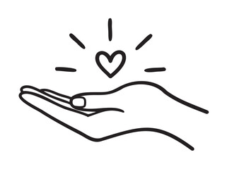 Obraz premium Black outline drawing of an open hand with an uplifted heart and radiating lines, symbolizing care, love, and generosity.