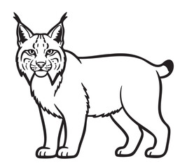 Obraz premium Black outline of a lynx standing with an alert expression, showcasing its distinct ear tufts and short tail in a simple illustration.