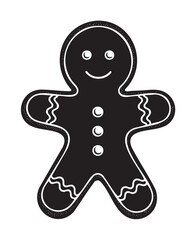 Fototapeta premium Black and white outline of a gingerbread man cookie with simple decorative details and a smiling face.