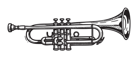 Black and white hand-drawn sketch of a trumpet with detailed valves and tubing.