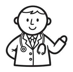 Obraz premium Black outline drawing of a smiling male doctor wearing a stethoscope and a suit, portrayed in a simplistic cartoon style.