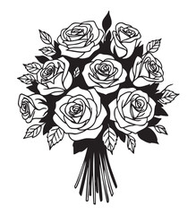 Obraz premium Black outline illustration of a bouquet of roses with detailed petals and leaves, arranged in a round, symmetrical design.