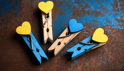 Wooden Clothespins Hearts In The Colors Of The Ukrainian Flag On A Dark Metallic Rusty Background