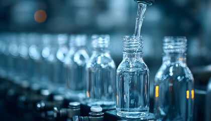 Detail shot of clear bottles being filled under controlled conditions emphasizing cleanliness with blurred industrial backdrop.