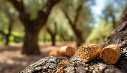 Corks on the piece of cork tree bark close-up. Cork oak orchard in the background.