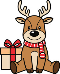 Obraz premium Adorable cartoon reindeer with antlers wearing a striped scarf sits beside a gift box