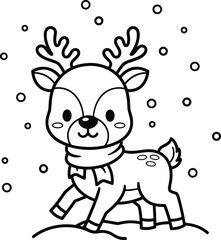 Adorable cartoon reindeer with scarf and antlers standing in falling snow