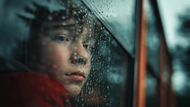 A sad boy sits inside a school bus, his face seen through the wet glass. Rain falls outside as he avoids a gaze, showing pain, regret, bullying, emotion. Ideal for drama or awareness themes.