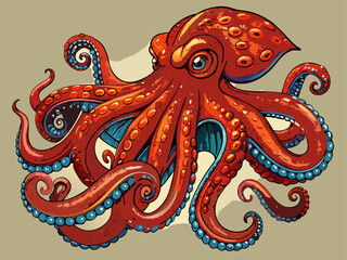 Realistic vector illustration of octopus with extended tentacles, red-orange color, detailed texture, isolated on light background, marine wildlife art