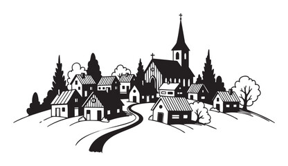 Obraz premium Black and white illustration of a quaint village featuring a central church with a steeple, surrounded by houses, trees, and a winding path.