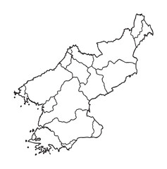 Obraz premium Black outline map of north korea showing its distinct provincial borders in a simplified style.
