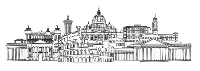Fototapeta premium Black outline of rome's iconic skyline featuring landmarks like the colosseum, st. peter's basilica, and the pantheon in a linear style.