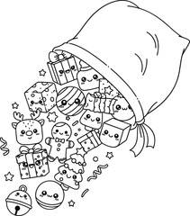 Adorable kawaii christmas characters and gifts spill out of a festive bag