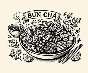 A hand-drawn black and white illustration of Vietnamese Bún Chả, featuring a bowl of noodles, grilled pork, and fresh herbs.