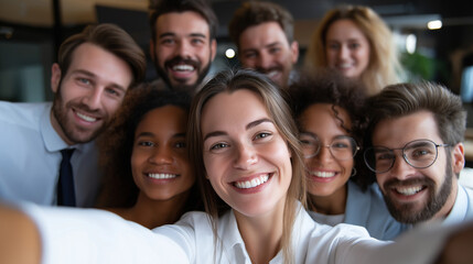 Fototapeta premium Group portrait of young happy businesspeople team taking a selfie photo in the office, under soft office light highlighting joy and unity, serene workplace scene, calm room lightin