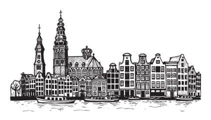 Fototapeta premium Intricate black and white sketch of historic european buildings and church with boats along the waterfront, showcasing architectural details and urban scenery.